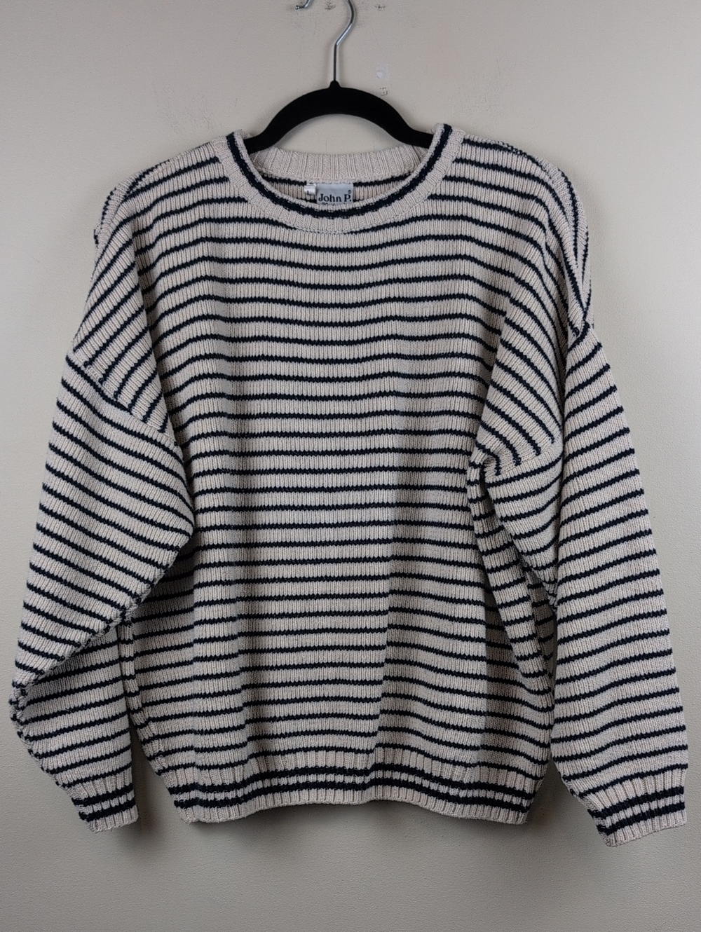 Vintage John P. Knitworks Striped Knit Cotton Sweater in Cream & Navy Size L